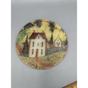 Vintage Round Glass Trivet Hot Plate Country Farmhouse Scene 7.5” Kitchen Decor